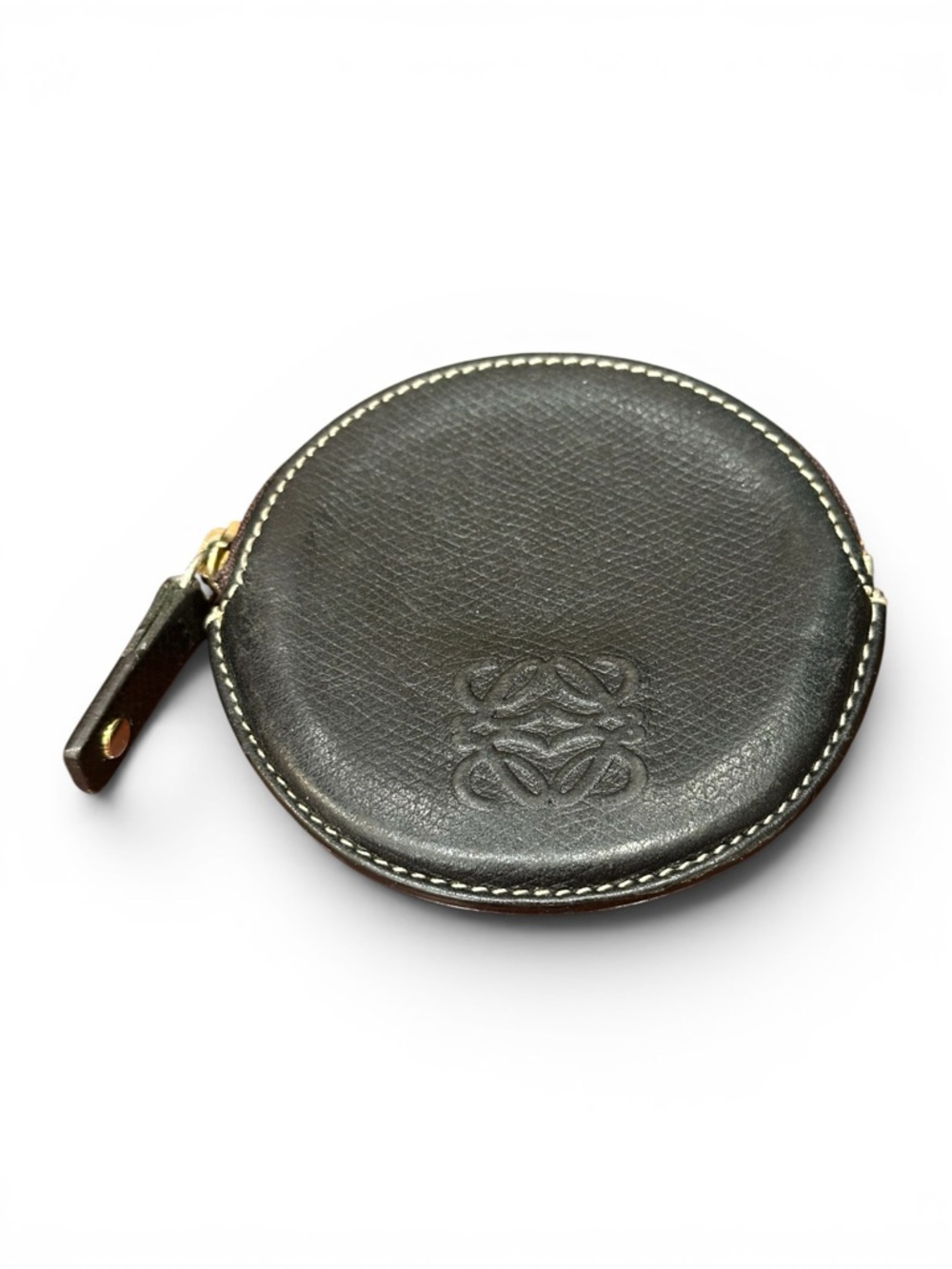 Vintage Loewe Black Leather Coin Pouch Anagram Zip Round Case Spain
